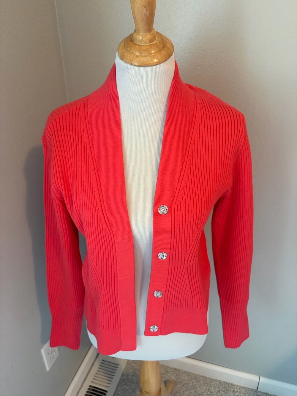 CAbi Coral-Red Ribbed Button Madame Cardigan #4651